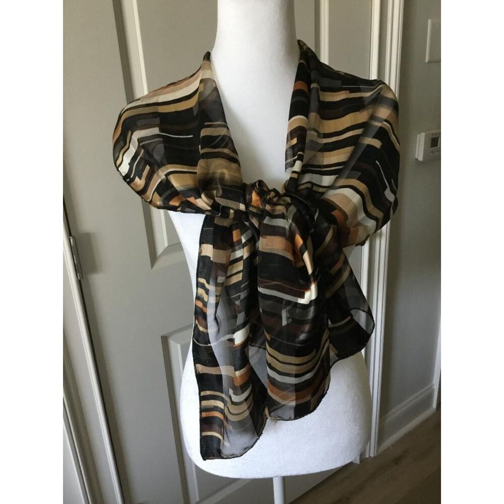 Lightweight, Sheer Scarf in Geometric Pattern in Black, Brown, Cream & Taupe